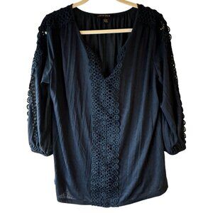 Carolyn Taylor Navy V-Neck Lace Accent Blouse 3/4 Sleeve L